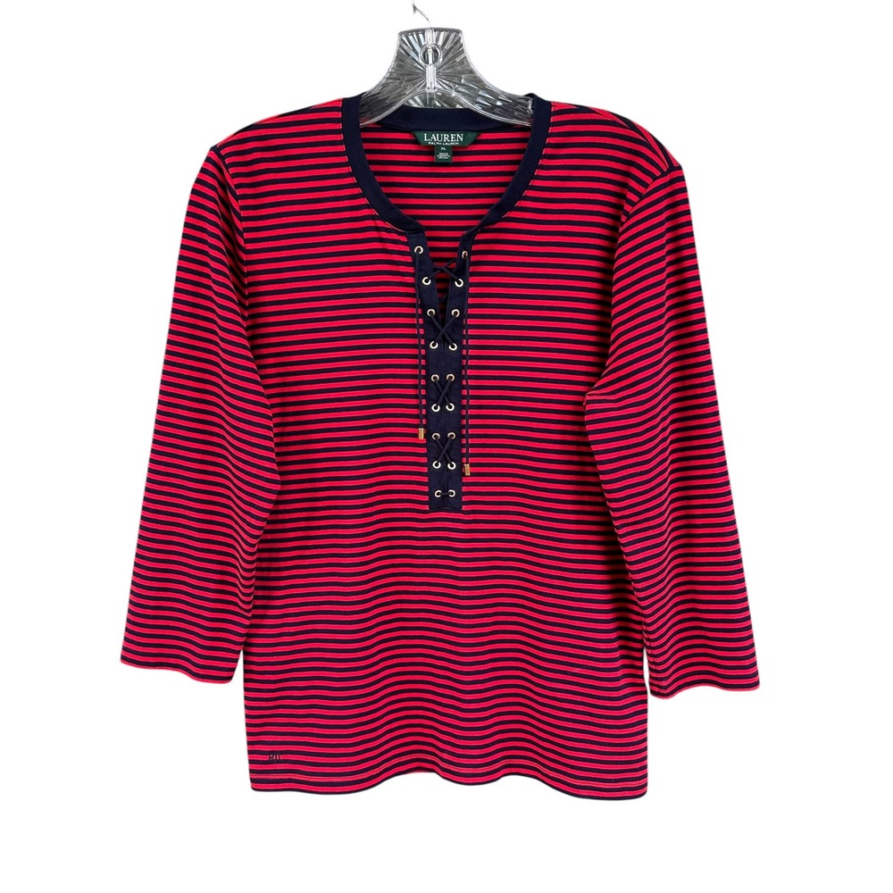 Lauren Ralph Lauren Red Navy Striped Lace Up Top XL 3/4 Sleeve Nautical Preppy